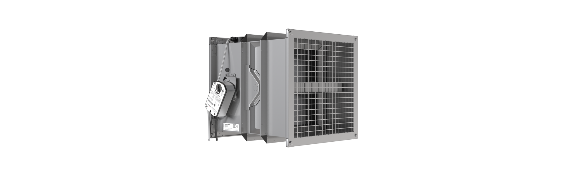 FK90 fire damper with OR32 smoke release device turned halfway to the left from the rear