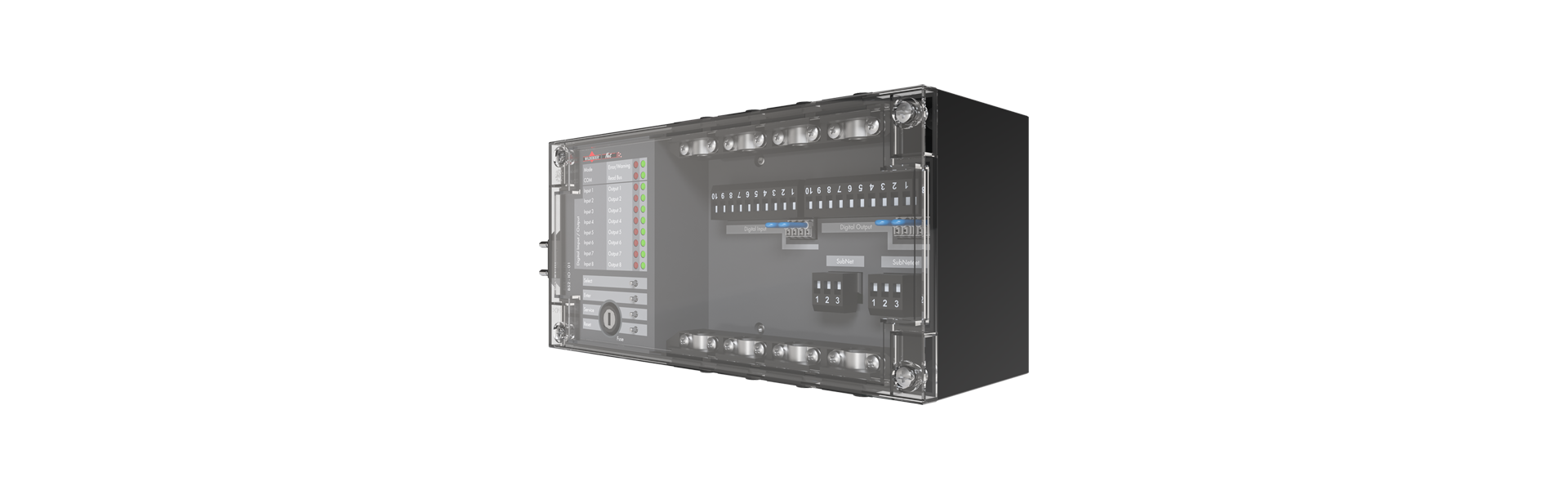 BS2-IO-01 IO-module vanaf de voorkant half naar links gedraaid