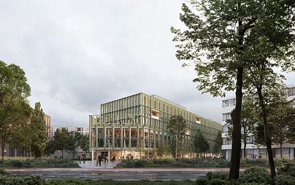 Visualisatie van het i8-gebouw in München: futuristisch ontwerp met grote ramen en aangrenzende parken.