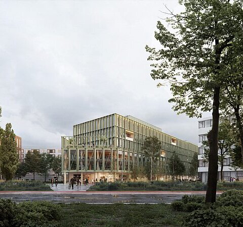 Visualisatie van het i8-gebouw in München: futuristisch ontwerp met grote ramen en aangrenzende parken.